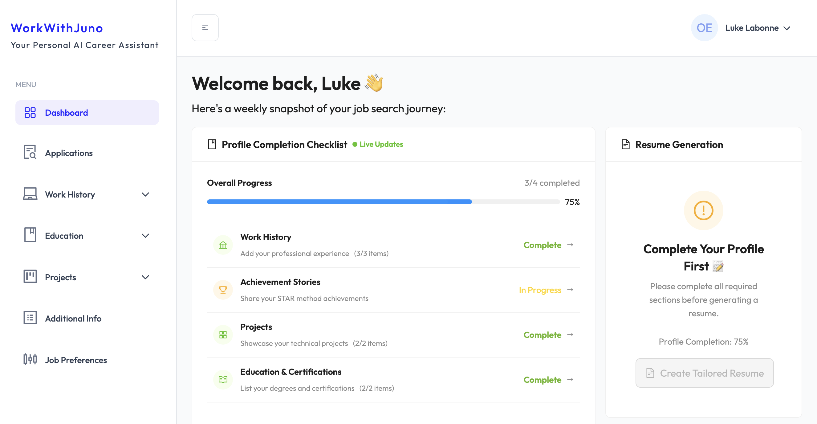 WorkWithJuno Dashboard